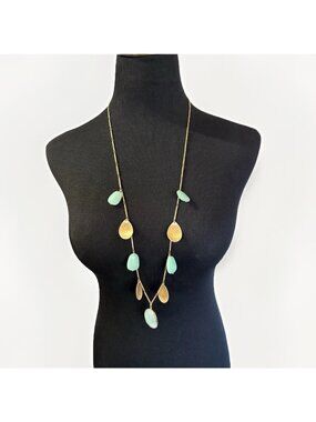 Chicos Long Matte Gold Turquoise Charm Dangle Pendant Necklace Beachy